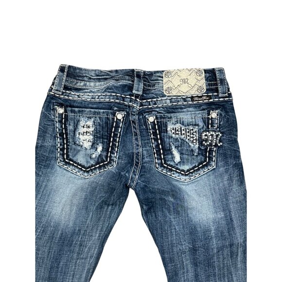 Miss Me Womens Signature-Rise Cuffed Skinny Distressed Jeans With Rhinestone Bac - Picture 5 of 7